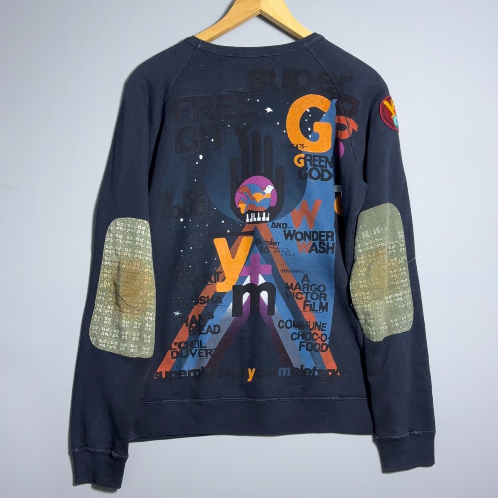 FreeCity Sweatshirt Y+ME Raglan Mens Size Large Pullover Elbow Patch Navy